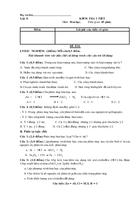 Kiểm tra 1 tiết môn Hoá học lớp 8. Thời gian 45 phút
